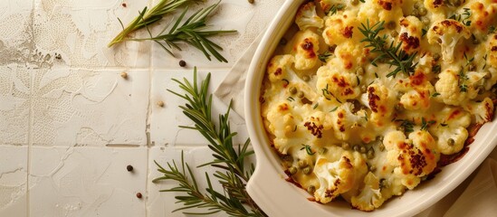 Aufkleber - A delicious autumn vegan casserole with loaded cheesy cauliflower creamy sauce served on a light tiled background with copy space image