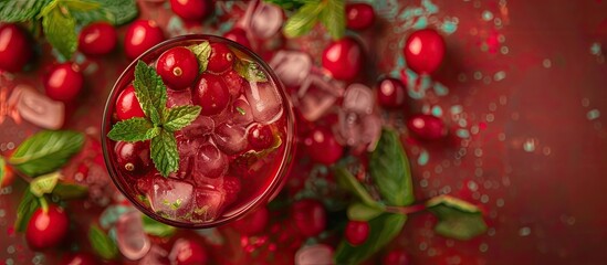 Poster - Top view of a chilled cocktail garnished with cranberries raspberries and mint in red stemware perfect for a copy space image