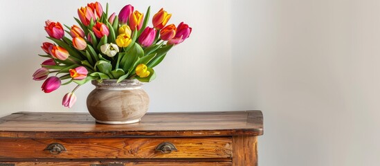 Poster - Colorful tulip flowers arranged in a beautiful bouquet on a wooden chest of drawers by a white wall providing a blank copy space image