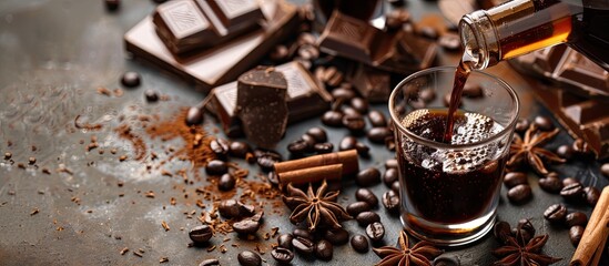 Leinwandbilder - Coffee liqueur is being poured from a bottle into a glass over a rustic tabletop scattered with coffee beans cinnamon anise and chunks of dark chocolate creating a cozy scene with copy space image