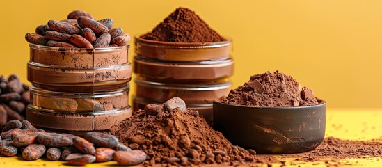 Poster - Cocoa beans powder and chocolate jars displayed on a bright background with room for a copy space image