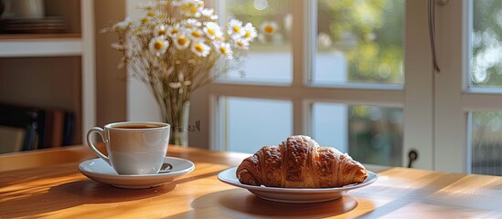 Poster - Breakfast table decorated with a French croissant providing a delightful view in a copy space image
