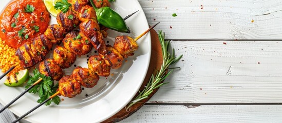 Sticker - Angle view of a fried chicken shish kebab displayed on a white plate with a rustic serving board accompanied by spicy tomato sauce herbs onion bulgur and a grilled hot green pepper on a white wooden