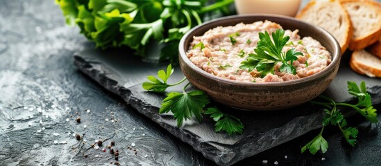 Canvas Print - Chicken pate garnished with parsley on a cutting board on a stone background providing space for your text s addition. Creative banner. Copyspace image