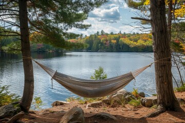 Hammock Hanging Between Two Trees by Lake