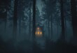 © KumCup - A spooky cabin with glowing windows stands in a dark, foggy forest.