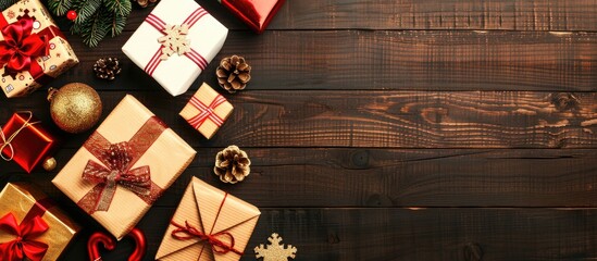 Fototapete - Christmas gift boxes displayed on a wooden background with copy space image
