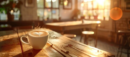 Aufkleber - A cappuccino with heart shaped latte art foam on a wooden table near a window with a light shade creates a cozy atmosphere in the cafe perfect for a copy space image