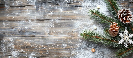 Aufkleber - View a Christmas themed copy space image with a card pine cone and branch on a snowy wooden background
