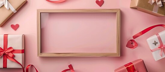 Poster - Celebrate Valentine s Day with an empty wooden frame a gift box and presents arranged on a pink background Perfect for Valentine s Mother s Day or anniversaries Top view with ample copy space image