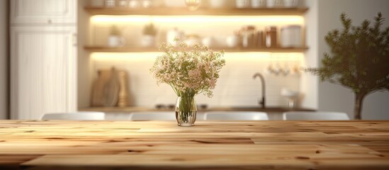 Fototapete - Blurry kitchen background with a table top setting featuring copy space image