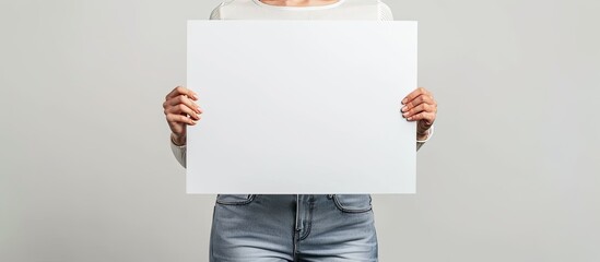 Aufkleber - Close up of a lady holding a signboard against a light gray backdrop with copy space image available