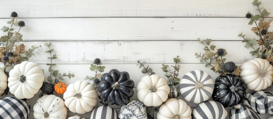 Fototapete - Top down view of a modern farmhouse themed autumn border on a white wood banner background featuring black and white plaid pumpkins and patterned cloth pumpkins with ample copy space image