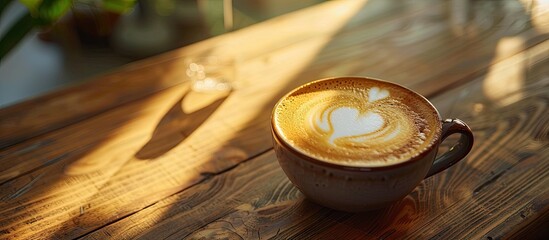 Aufkleber - A cappuccino with heart shaped latte art foam on a wooden table near a window with a light shade creates a cozy atmosphere in the cafe perfect for a copy space image