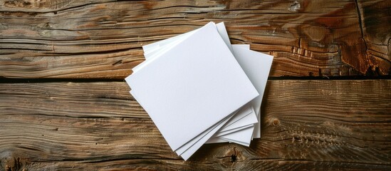 Fototapete - Top down view of blank business cards placed on a wooden table surface for design with available copy space image