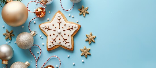 Aufkleber - Christmas decorations and a delicious cookie displayed on a blue background with copy space image