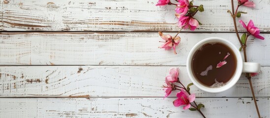 Aufkleber - Coffee filled white cup adorned with pink flowers set on a vintage white wooden backdrop providing ample space for adding text or images