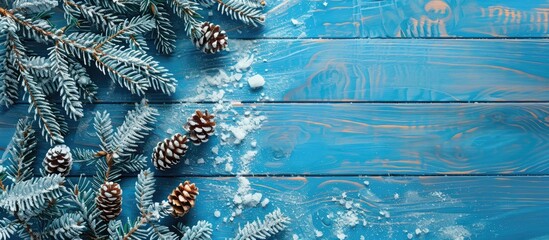 Aufkleber - Blue wooden texture with fir branches cones and snow for winter Christmas vibe suitable for copy space image