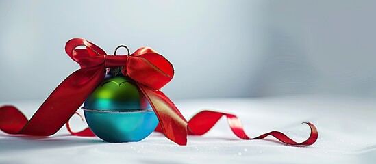 Poster - A bright green and blue bell adorned with a red ribbon placed on white background paper ideal for Christmas themed copy space image