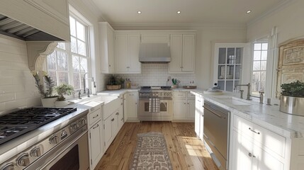 Wall Mural - Modern Kitchen with White Cabinets and Stainless Steel Appliances