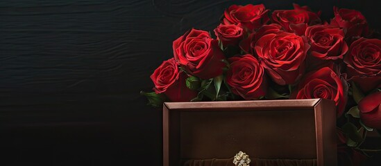 Poster - Top view of a bouquet of red roses and an open brown jewelry box against a black background with a space intended for text or other images in the frame. Creative banner. Copyspace image