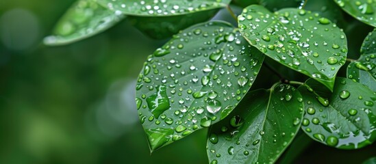 Poster - Close up focus on dew covered green leaves in a forest setting with copy space image available