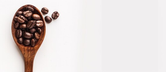 Aufkleber - Coffee beans displayed on a wooden spoon against a white background with ample copy space image