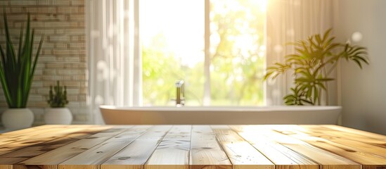 Fototapete - Blurry bathroom background with table top featuring copy space image
