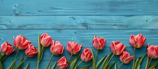 Poster - Blue wooden background makes a stunning backdrop for the beautiful tulips leaving ample copy space image