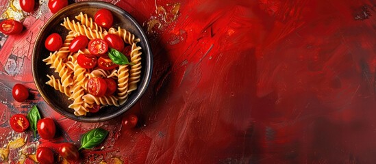Aufkleber - Bowl with raw pasta and cherry tomatoes displaying an appealing copy space image