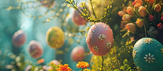 Aufkleber - Decorations for a Sunday Easter egg hunt with a festive and happy holiday vibe featuring Easter eggs. Creative banner. Copyspace image