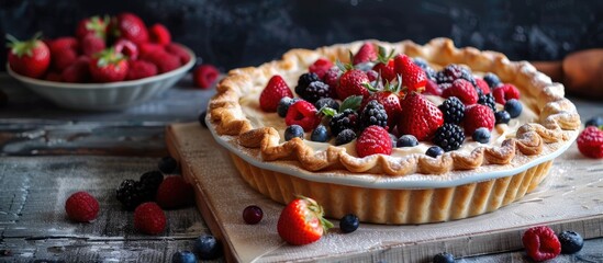 Poster - A delicious pie with a sweet pastry crust and a creamy filling perfect for desserts and baking recipes Ideal for showcasing in a photography featuring a copy space image