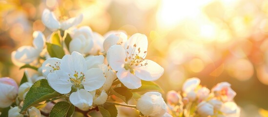 Aufkleber - Close up macro shot of white apple trees in blossom under the sunny light creating a beautiful summer spring background Appreciating nature with copy space image