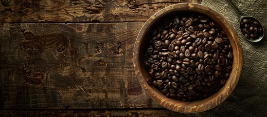 Aufkleber - Coffee beans in a wooden barrel with a wooden background a coffee spoon captured from above with space for text in the photo of the coffee close up. Creative banner. Copyspace image