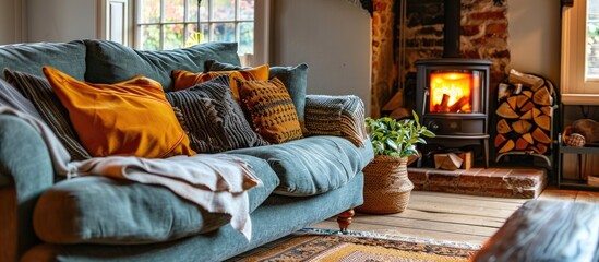 Aufkleber - Beautiful lounge in a family home showing sofas and a log burner with copy space image