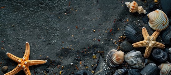 Aufkleber - A beach with dark volcanic sand incorporating seashells and starfish with a backdrop perfect for a copy space image