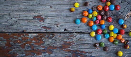 Aufkleber - Colorful candies are placed on a weathered wooden surface next to a blank space for text or image insertion. Creative banner. Copyspace image