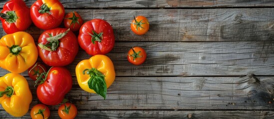 Sticker - Top down view of organic farm grown tomatoes and sweet peppers arranged on a wooden backdrop with a border for a copy space image