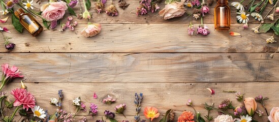 Canvas Print - Aromatherapy and relaxation portrayed in cosmetics with natural ingredients like essential oils flowers and herbal extracts Wooden backdrop for a copy space image