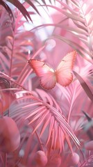 Poster - Pink palm leaves and butterfly art outdoors graphics.