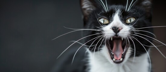 Poster - Close up view of a black and white cat s face with open mouth emphasizing copy space image