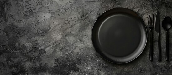 Aufkleber - Top view of a black plate and cutlery on a stone table set up with empty space for text or other elements in a flat lay composition. Creative banner. Copyspace image