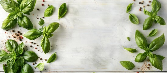 Poster - Top down view of fragrant basil and spices on a white wooden backdrop with ample room for additional text or images