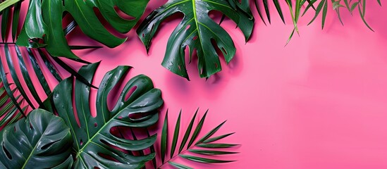 Aufkleber - Bright pink background adorned with artistic tropical leaves allows space for personalized content emphasizing a vibrant tropical theme in a flatlay copy space image