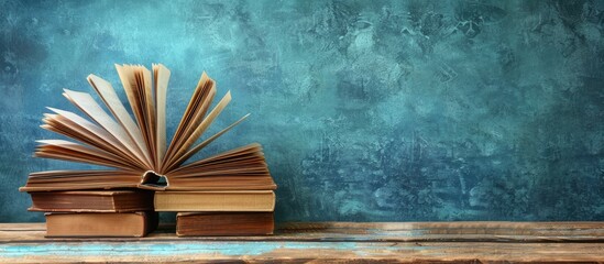 Poster - Arrangement of books with an open book and hardback books on a wooden table against a blue background creating a back to school theme with room for text in the image. Creative banner. Copyspace image