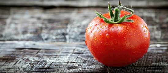 Aufkleber - Closeup of a ripe tomato on a wooden surface with copy space image