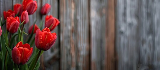 Poster - Close up image of red tulip flowers in a garden setting against a wooden backdrop with copy space image