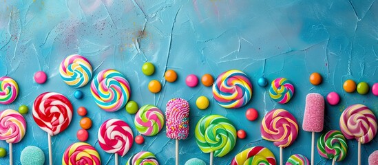 Aufkleber - Colorful lollipops and candies arranged in a top view composition perfect for adding your message in the copy space image