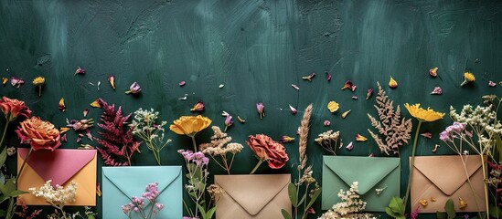 Poster - Top down flat lay composition featuring artisanal envelopes and dried flowers arranged neatly on a lush green backdrop in a photograph with copy space image