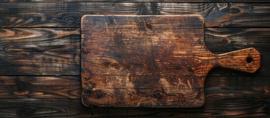 Poster - Top down view of an antique cutting board on a dark wooden surface with ample copy space in the image